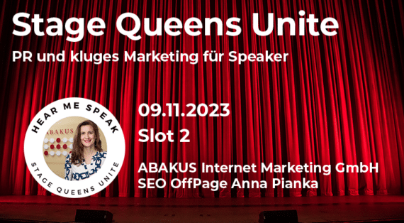 Anna Pianka von der Abakus Internet Marketing GmbH hält beim Online-Event Stage Queens Unite am 09.11.2023 den Vortrag "PR und kluges Marketing für Speaker".