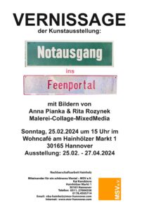 Vernissage "Notausgang ins Feenportal" von Anna Pianka und Rita Rozynek am 25.02.2024 im Wohncafe am Hainhölzer Markt 1, 30165 Hannover